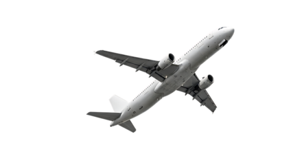 White passenger jet airplane, viewed from below ascending into the sky, PNG isolated on transparent background