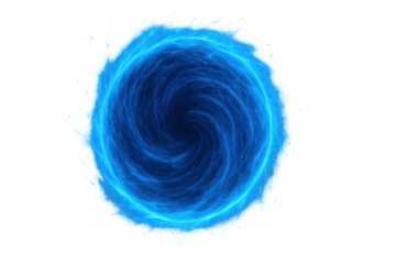 Blue energy portal forming a swirling vortex, abstract black hole or wormhole opening with bright light effect, transparent background