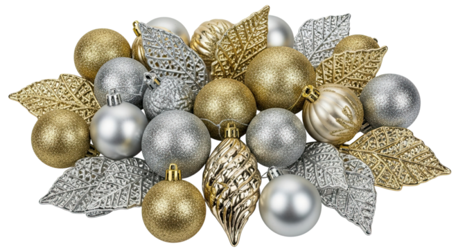 A beautiful arrangement of elegant gold and silver Christmas ornaments, including glittery baubles and decorative leaves, isolated on a solid black background for a festive holiday concept