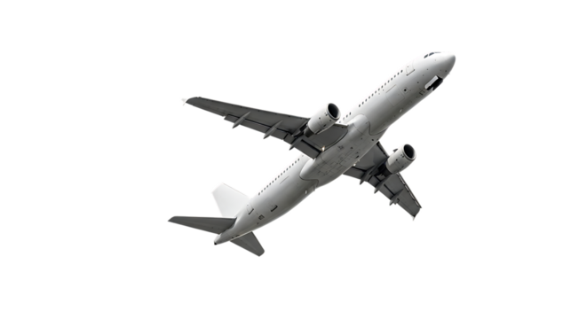 White passenger jet airplane, viewed from below ascending into the sky, PNG isolated on transparent background
