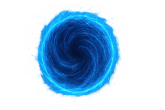 Blue energy portal forming a swirling vortex, abstract black hole or wormhole opening with bright light effect, transparent background