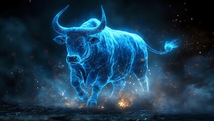 Glowing blue bull constellation against cosmic night sky, representing strength and determination in financial markets.