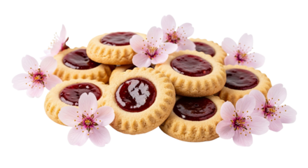 A beautiful pile of homemade thumbprint cookies with red jam filling, elegantly decorated with fresh pink spring blossoms and isolated on a clean black background