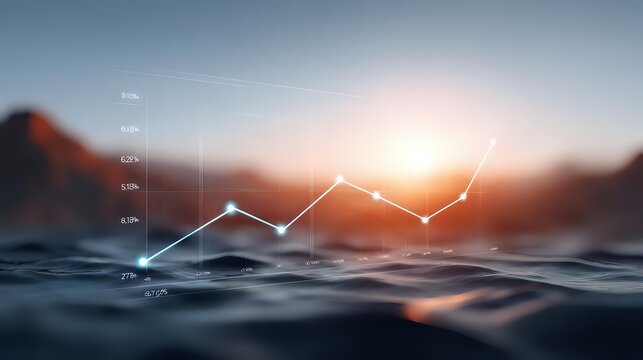 Financial growth chart overlaid on calm ocean water at sunset with mountain silhouettes in background, representing business success and market trends.