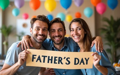 Colorful decorations, banner reading "Father's Day", joyful family gathering. High quality