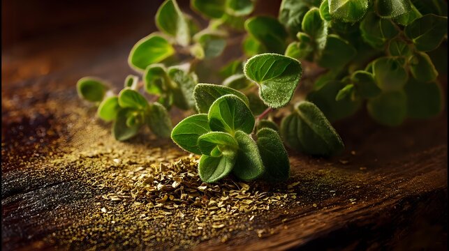 Fresh oregano herb with vibrant green leaves on rustic wooden surface with dried spice powder, ideal for culinary and food photography.