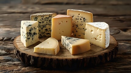 Assorted gourmet cheese varieties on rustic wooden board, featuring blue cheese, hard and soft cheeses with natural rinds for culinary presentation.