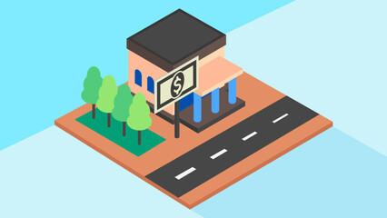 Bank Building Isometric Infographics Design Template Building, Tree and Banknotes. Presentation Graph. Vector Illustration for Education, Business, Financial, Economy Management.