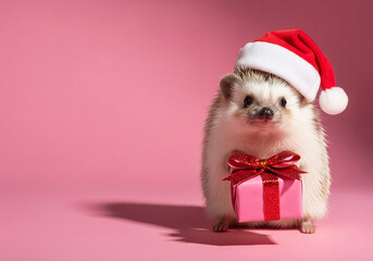 Cute hedgehog wearing a red Santa hat holding a Christmas gift box