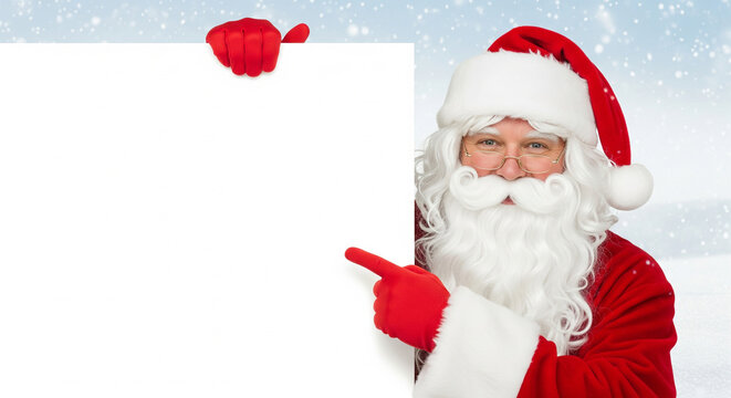 Santa Claus in a red suit with a large and blank white sign for Christmas messages on a snowy winter background