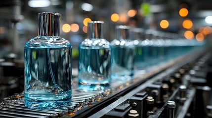 Blue perfume bottles on production line conveyor belt in fragrance manufacturing facility with blurred lights in background.