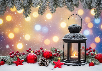 Lantern with candle siting in the snow surrounded by festive red Christmas ornaments