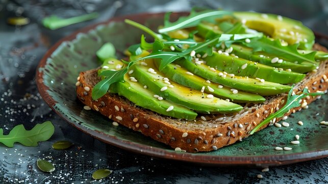 Fresh avocado toast with sliced green avocado on multigrain bread, garnished with sesame seeds and microgreens on rustic ceramic plate.