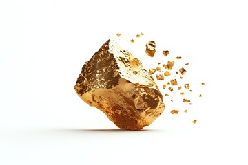 Gold nugget breaking apart with fragments scattering against white background, showcasing raw mineral wealth for luxury and finance concepts.