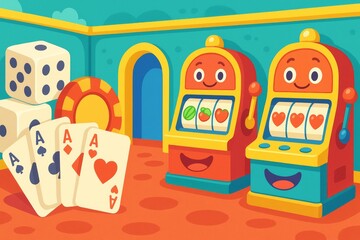 Cartoon casino scene with slot machines, playing cards, and dice