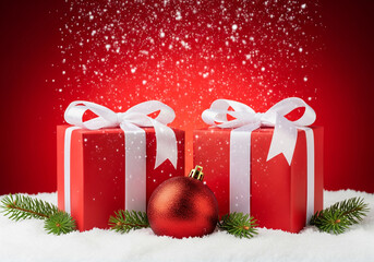Two red gift boxes with bows and a red Christmas ornament in the snow with red background