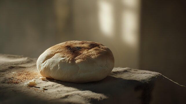 Freshly baked artisanal bread loaf with golden crust on rustic stone surface in warm morning light, perfect for food photography.