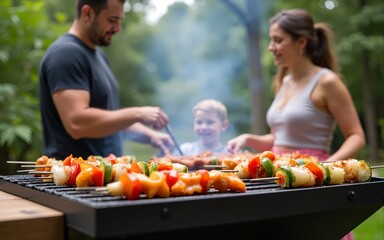 Two families setting up a large outdoor grill with skewers of vegetables and marinated meats ready to sizzle. High quality