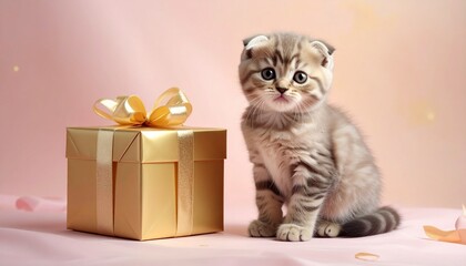 スコティッシュフォールドの子猫が金色に包まれたギフトの横に座る、愛らしいスタジオシーンです。
マットなダスティローズ背景と柔らかな光が、優しくふんわりとした雰囲気を演出します。
