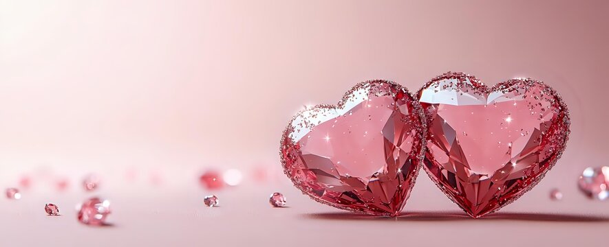 Two pink crystal hearts side by side on soft pink background with scattered small gems, perfect for romantic occasions.