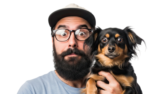Humorous studio portrait of a bearded man in glasses and his small pet dog making identical surprised faces with wide eyes, posing together against a black background - Powered by Adobe