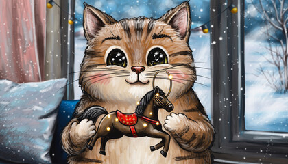 Cute cat holding horse-shaped Christmas ornament, child-friendly illustration