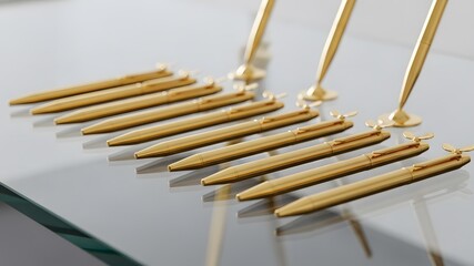 Elegant gold pens set on a glass table with bee emblems, a luxury corporate gift