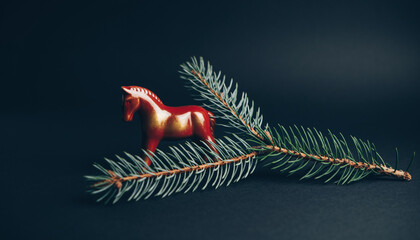 Red ceramic horse figurine and pine branch in minimalist still life with studio lighting