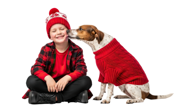 A cute dog wearing a cozy red knitted sweater gives a loving lick to a joyful young boy in a festive winter hat, sitting together in a studio with a black background