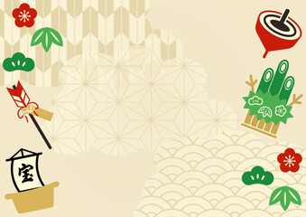 
門松や破魔矢など正月モチーフが描かれた和風背景イラスト