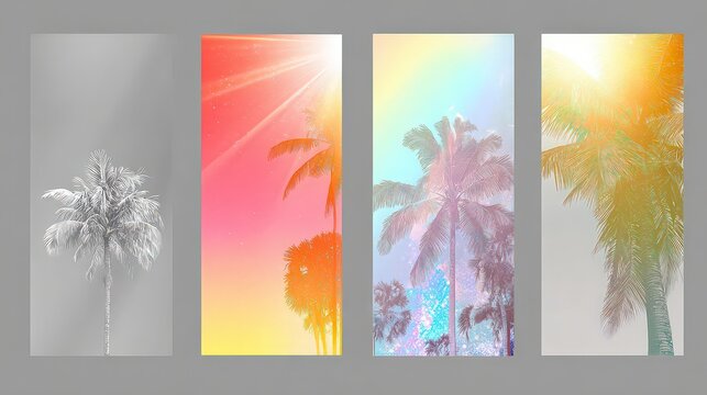 Abstract Palm Tree Silhouettes with Colorful Light Rays in Gradient Backgrounds for Summer Vibes and Tropical Themes Graphic Design