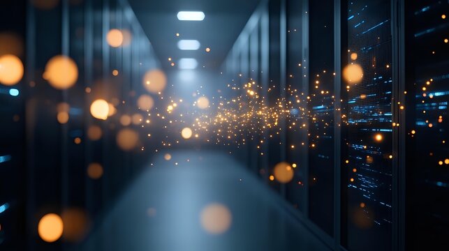 Glowing orange light particles floating in dark server room corridor with illuminated data center equipment for technology and cloud computing.
