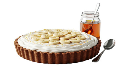 An appetizing whole banana cream tart with a whipped topping and sliced bananas, served alongside a jar of sweet honey or syrup and a spoon, isolated on a black background