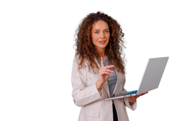 Professional businesswoman presenting and explaining, using a laptop and gesturing with a finger on a transparent background