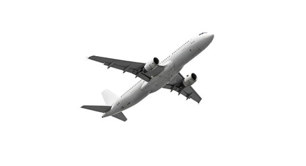 White passenger jet airplane, in flight viewed from below with engines visible, PNG isolated on transparent background