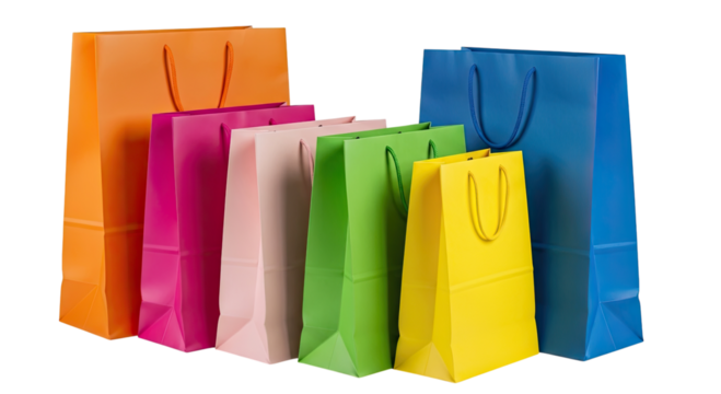 A colorful assortment of six shopping bags in varying sizes and vibrant hues of orange, magenta, light pink, green, yellow, and blue, stands neatly arranged against a stark black background