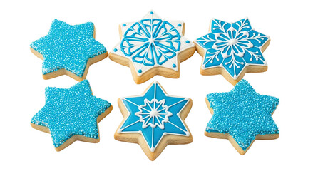 A collection of six star-shaped holiday cookies decorated with blue and white royal icing and sprinkles in a snowflake pattern, viewed from above and isolated on a black background