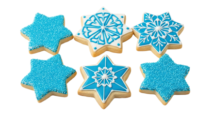 A collection of six star-shaped holiday cookies decorated with blue and white royal icing and sprinkles in a snowflake pattern, viewed from above and isolated on a black background