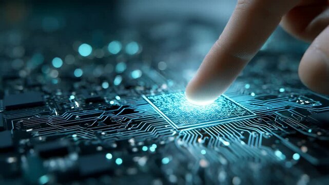 Finger touching glowing circuit board chip microelectronics technology close-up