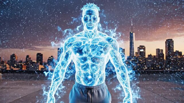 Man with energy effect in hands against skyline concept of power energy and technology