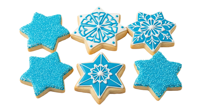 A collection of six star-shaped holiday cookies decorated with blue and white royal icing and sprinkles in a snowflake pattern, viewed from above and isolated on a black background