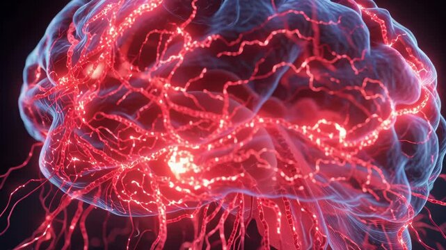 Human Brain Activity and Neural Network Connections with Glowing Red Impulses.