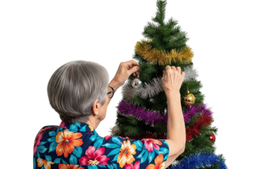 An elderly woman with grey hair wearing a colorful floral shirt carefully hangs a silver ornament on a festive Christmas tree, isolated on a solid black background