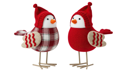Two cute decorative bird figurines wearing red knitted hats and winter clothes, one with a plaid pattern, standing together as a charming Christmas holiday decoration isolated on a black background