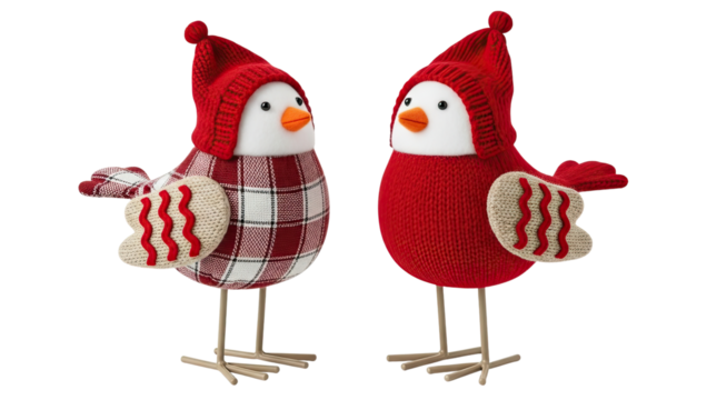 Two cute decorative bird figurines wearing red knitted hats and winter clothes, one with a plaid pattern, standing together as a charming Christmas holiday decoration isolated on a black background