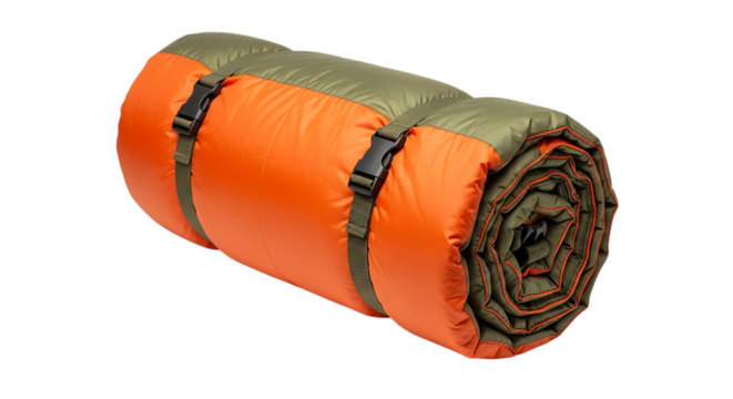 Rolled up orange and olive green sleeping bag, with black buckles and straps, PNG isolated on transparent background