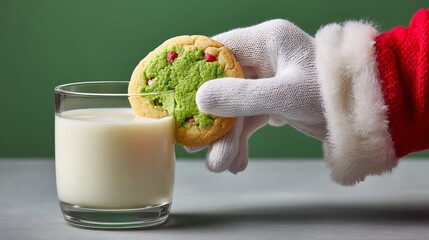 Person in a Santa hat is holding a cookie in front of a glass of milk. The cookie is green and has a tree design on it