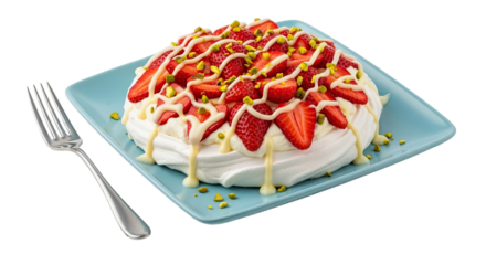 Delicious pavlova meringue cake decorated with fresh sliced strawberries, creamy white sauce, and chopped pistachios, served on a blue plate isolated on a black background