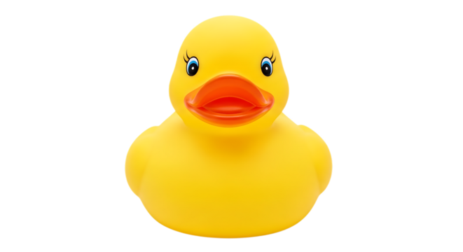 Bright yellow rubber duck toy, with blue eyes and orange beak, PNG isolated on transparent background bath toy
