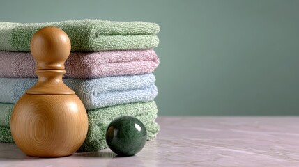 spa advertisement, contemporary spa ad featuring neatly folded towels, a jade roller, and an aromatherapy diffuser emitting a gentle mist against an elegant pastel backdrop with high-definition